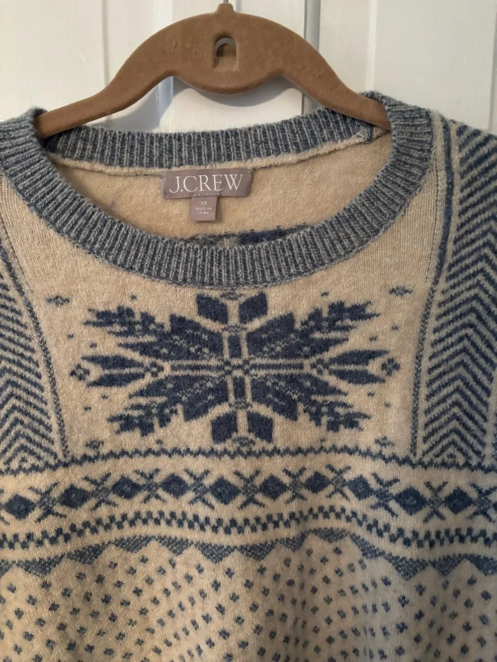 J. Crew Cream and Blue Snowflake Fair Isle Crewneck Sweater
